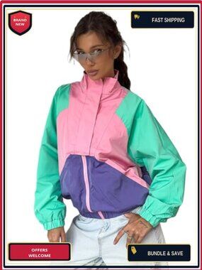 Vintage 90s Colorblock Windbreaker Jacket For Women - Retro High Collar Water